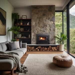 An inbuilt Coonara compact wood heater installed in a stone mantle