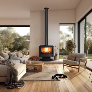 An inviting room with a Coonara Firelite Wood heater burning cheerily, with a sleeping cat on the rug