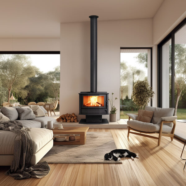 An inviting room with a Coonara Firelite Wood heater burning cheerily, with a sleeping cat on the rug