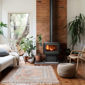 A renovated room with a Coonara freestanding wood heater heating the space.