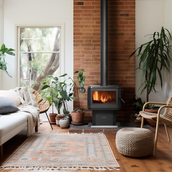 A renovated room with a Coonara freestanding wood heater heating the space.