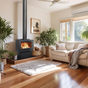 A modern lounge room with a Coonara wood fire adding ambiance and warmth